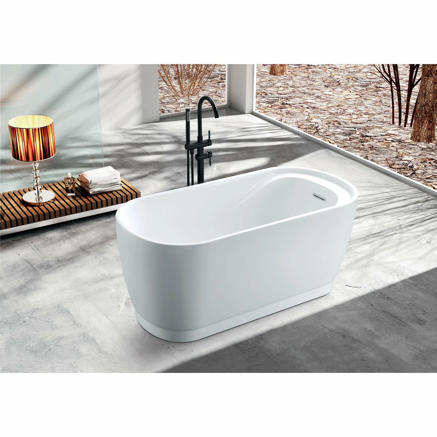 Aqua Eden VTOV592925S 59-Inch Acrylic Freestanding Tub With Drain And Integrated Seat, Glossy White