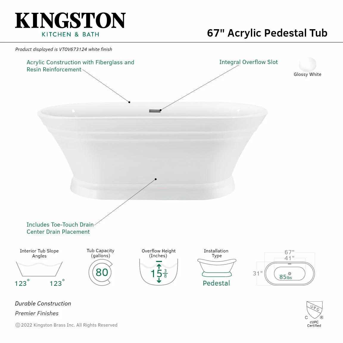 Aqua Eden VTOV673124 67-Inch Acrylic Double Ended Pedestal Tub, Glossy White - Image 9