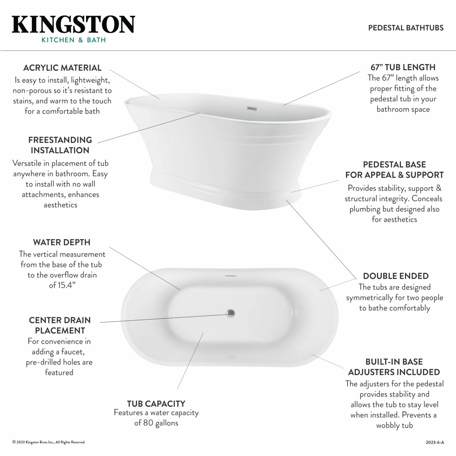 Aqua Eden VTOV673124 67-Inch Acrylic Double Ended Pedestal Tub, Glossy White - Image 8