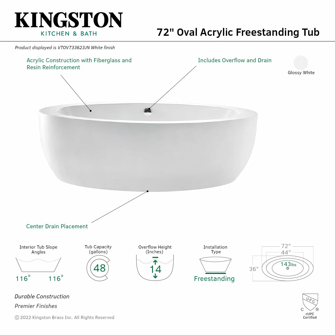Aqua Eden VTOV733623JN 72-Inch Acrylic Freestanding Tub With Drain, Glossy White - Image 3