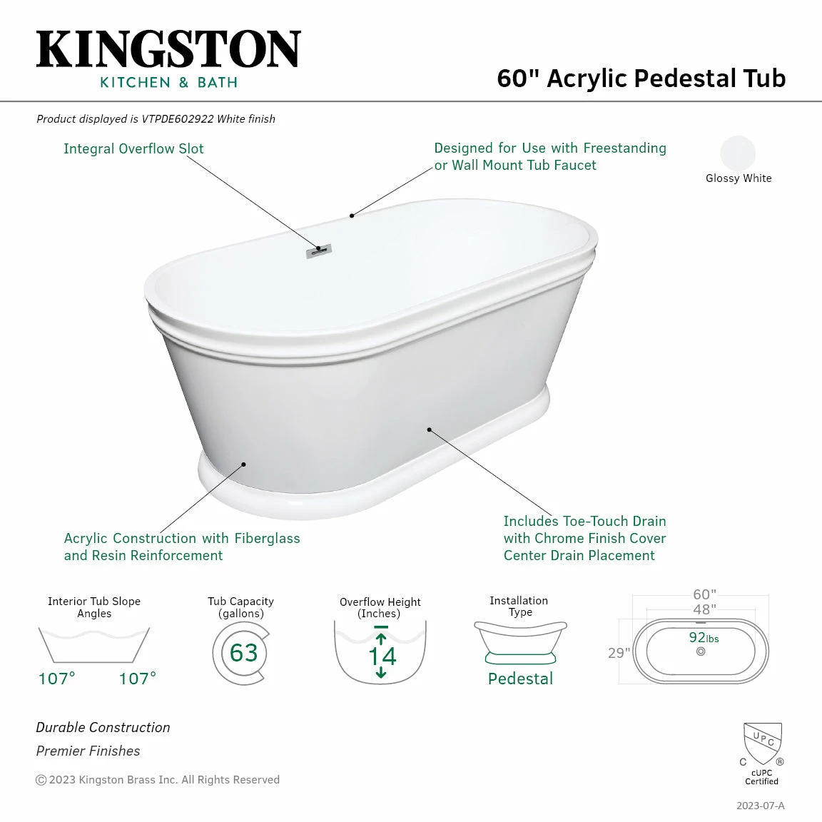 Aqua Eden VTPDE602922 60-Inch Acrylic Double Ended Pedestal Tub With Drain (No Faucet Drillings), Glossy White - Image 2