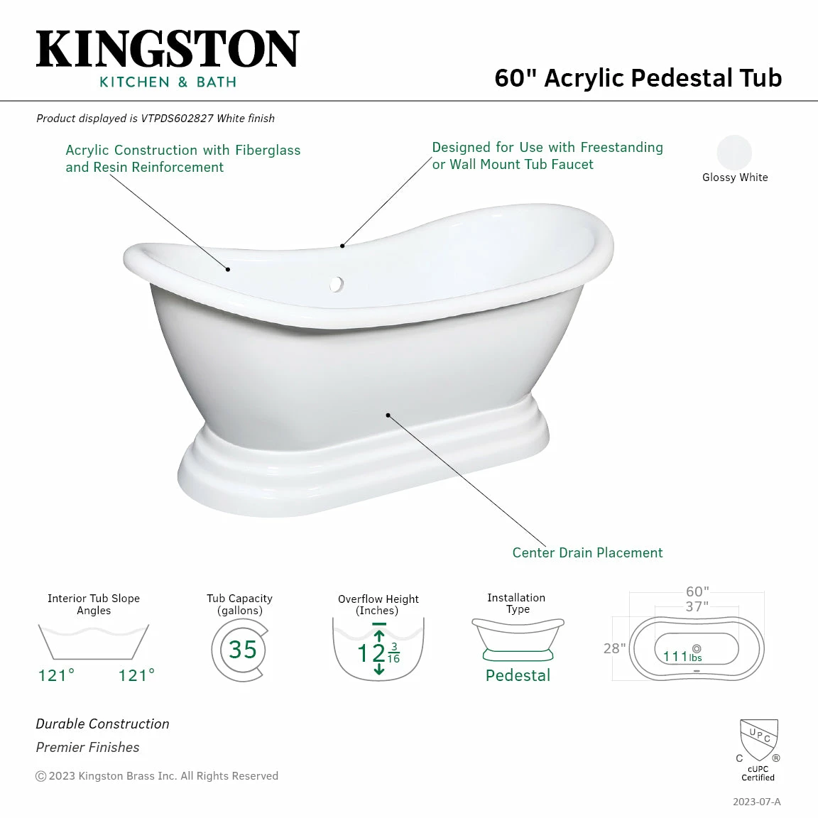 Aqua Eden VTPDS602827 60-Inch Acrylic Double Slipper Pedestal Tub (No Faucet Drillings), Glossy White - Image 2