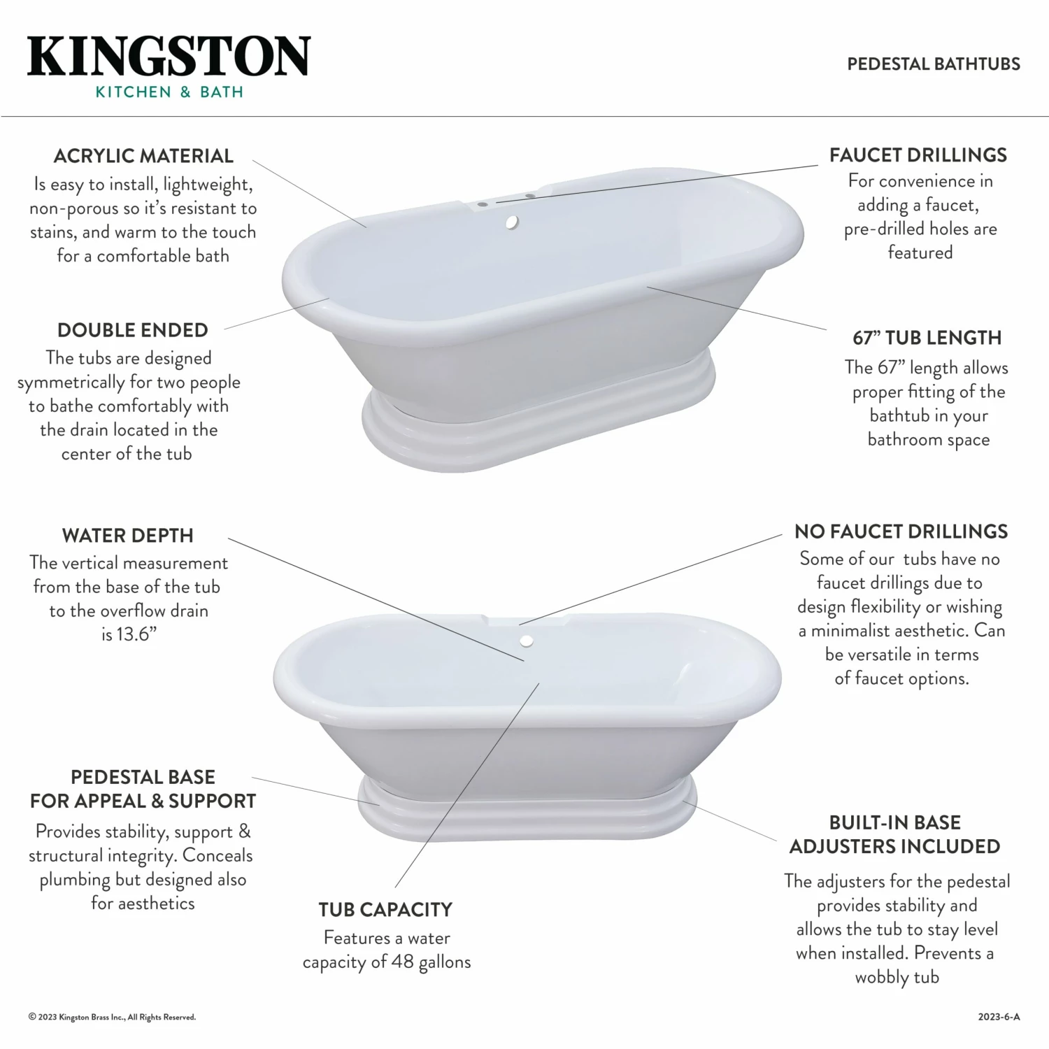 Aqua Eden VTPE672824PBA 67-Inch Acrylic Double Ended Pedestal Tub (No Faucet Drillings), Glossy White - Image 9