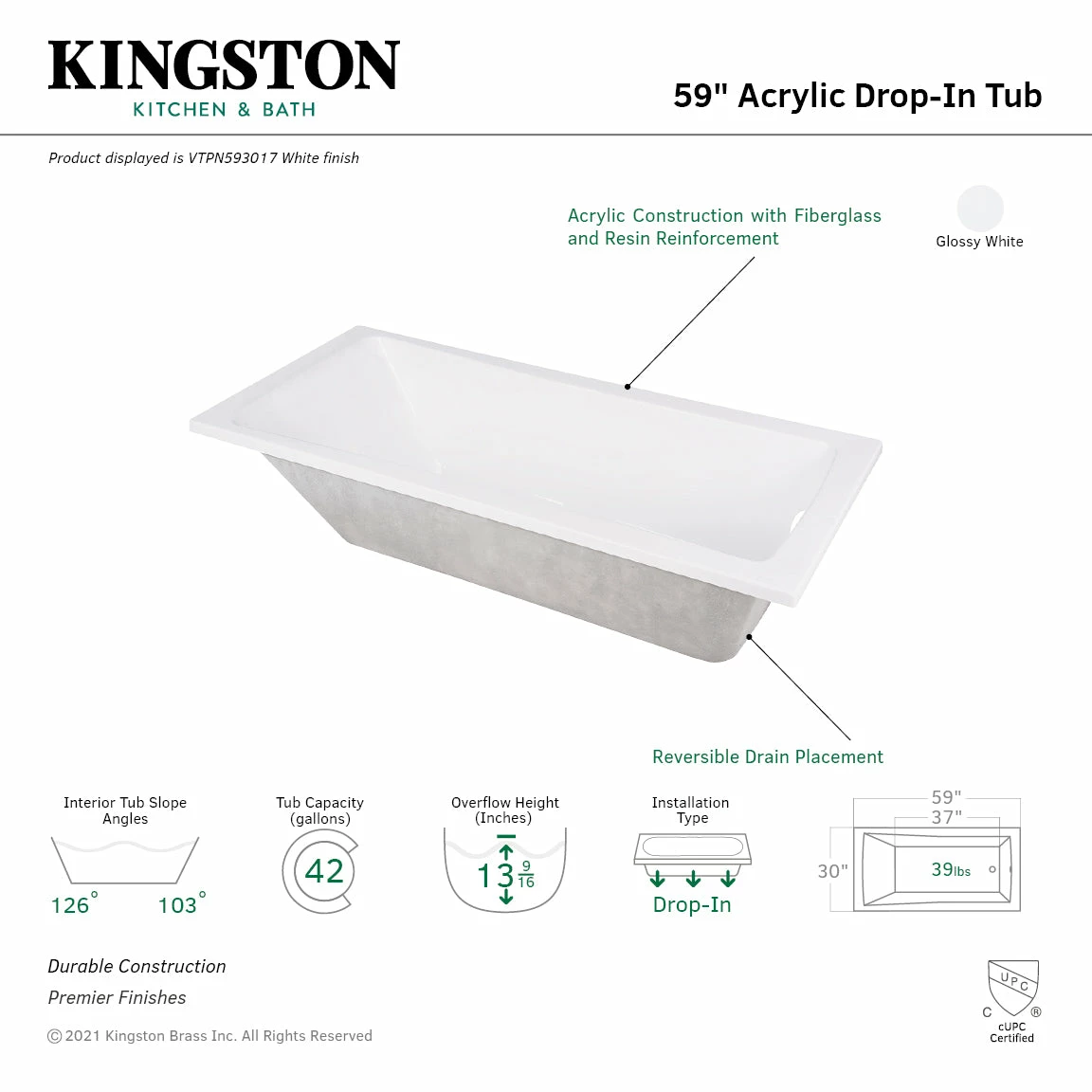 Aqua Eden VTPN593017 59-Inch Acrylic Rectangular Drop-In Tub With Reversible Drain Hole, White - Image 3