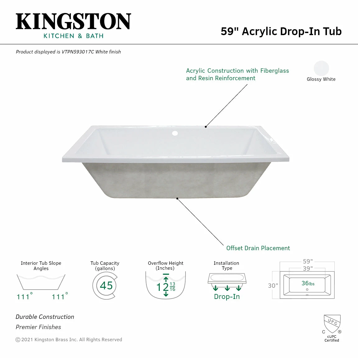 Aqua Eden VTPN593017C 59-Inch Acrylic Rectangular Drop-In Tub With Center Drain Hole, White - Image 3