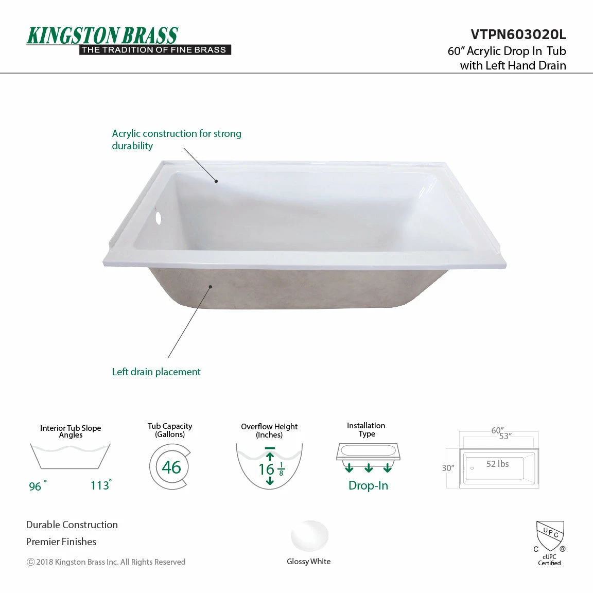 Aqua Eden VTPN603020L 60-Inch Acrylic Rectangular Drop-In Tub With Left Hand Drain, White - Image 3