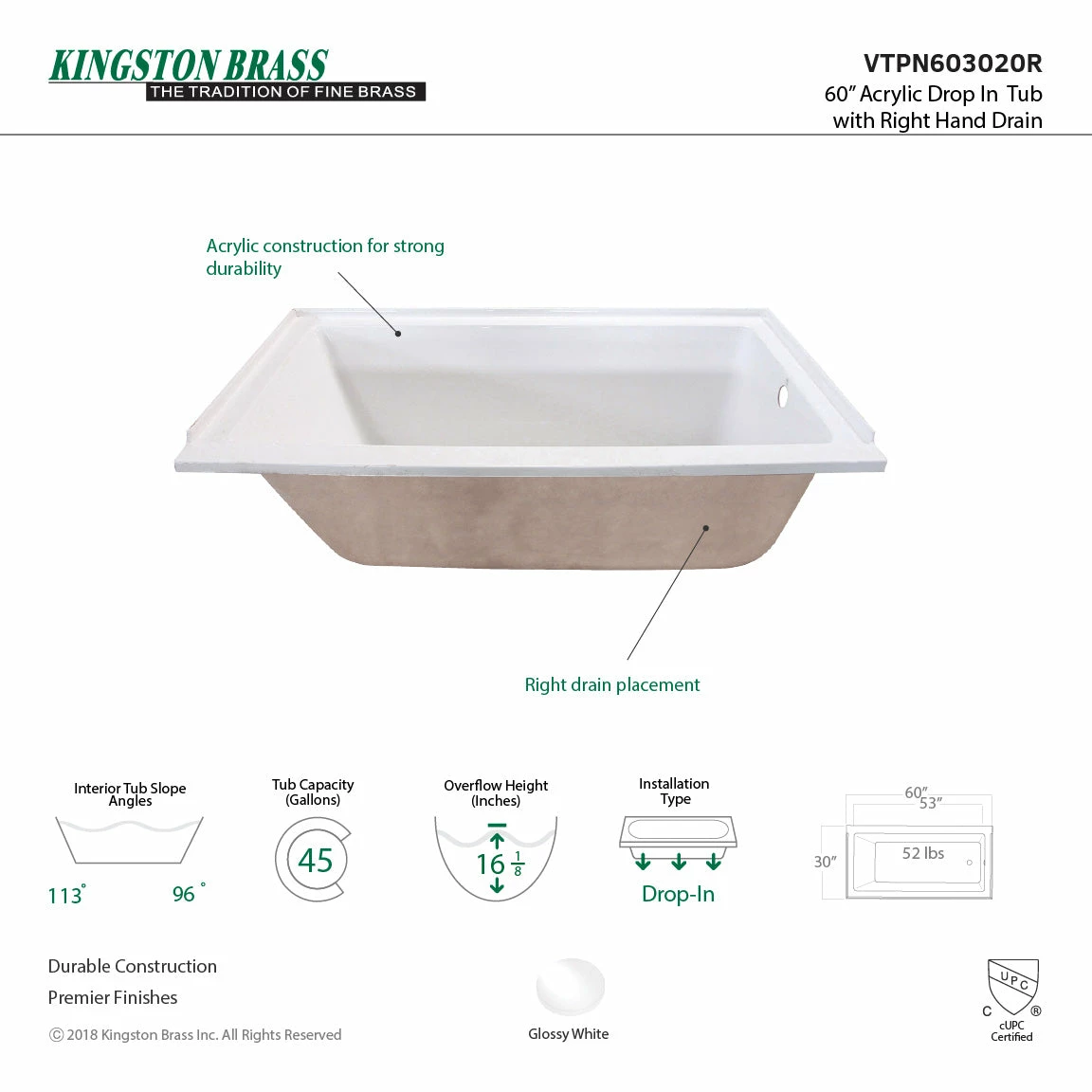 Aqua Eden VTPN603020R 60-Inch Acrylic Rectangular Drop-In Tub With Right Hand Drain, White - Image 3