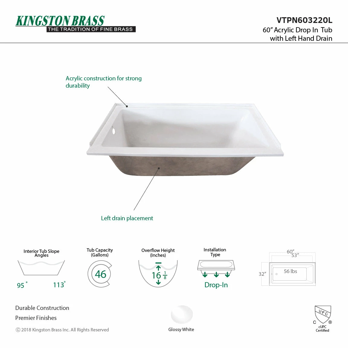 Aqua Eden VTPN603220L 60-Inch Acrylic Rectangular Drop-In Tub With Left Hand Drain, White - Image 2
