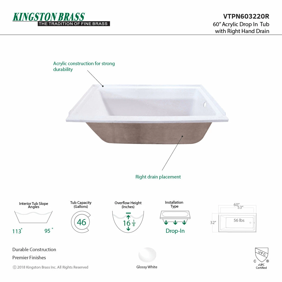 Aqua Eden VTPN603220R 60-Inch Acrylic Rectangular Drop-In Tub With Right Hand Drain, White - Image 3