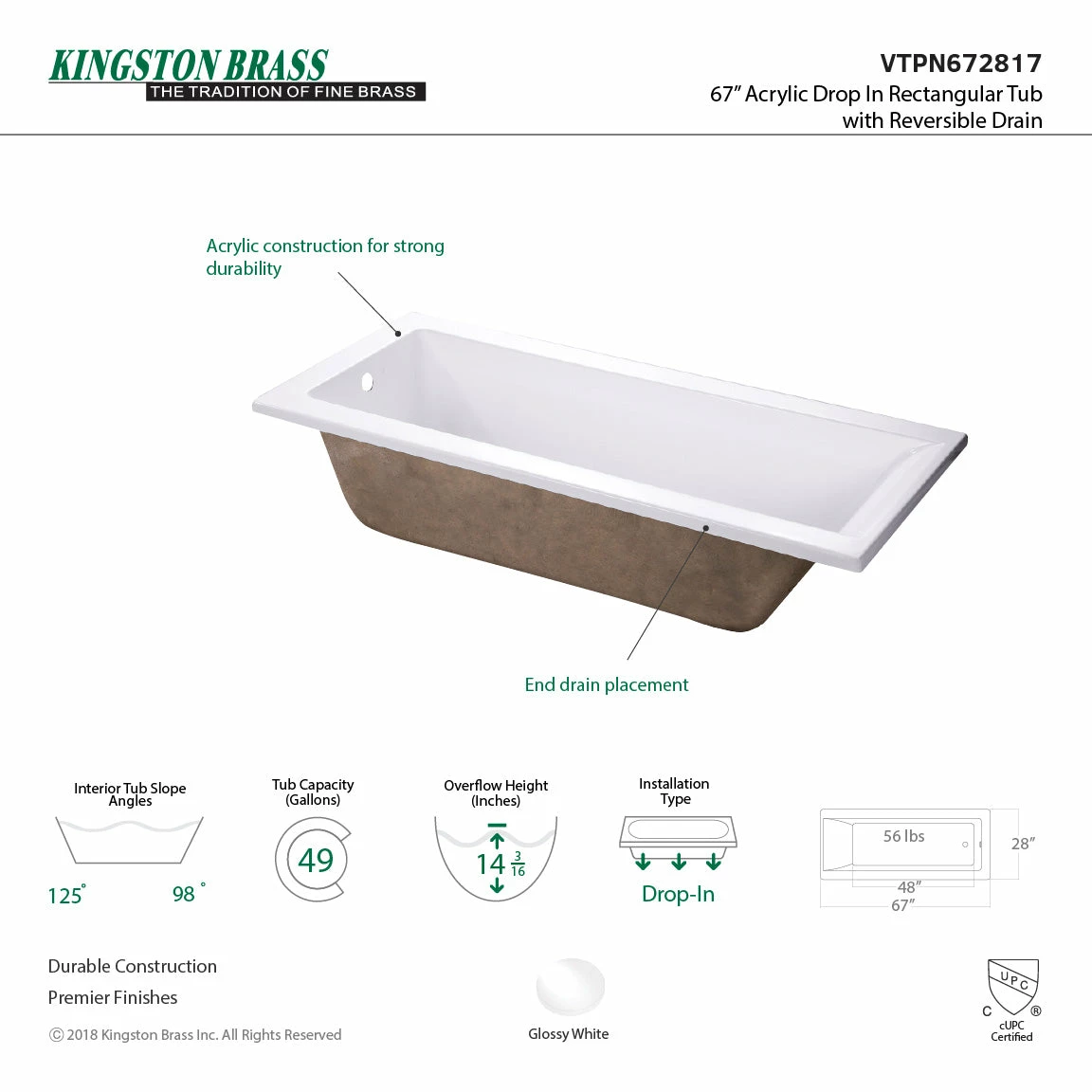 Aqua Eden VTPN672817 67-Inch Acrylic Rectangular Drop-In Tub With Reversible Drain Hole, White - Image 3