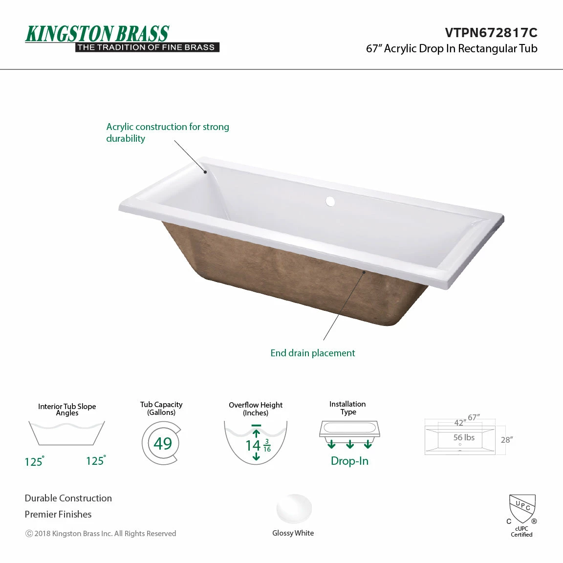 Aqua Eden VTPN672817C 67-Inch Acrylic Rectangular Drop-In Tub With Center Drain Hole, White - Image 3