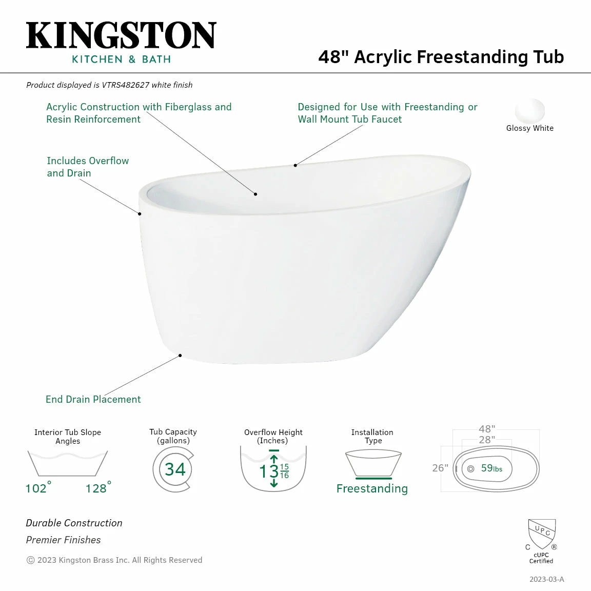 Aqua Eden VTRS482627 48-Inch Acrylic Freestanding Tub With Drain, Glossy White - Image 5