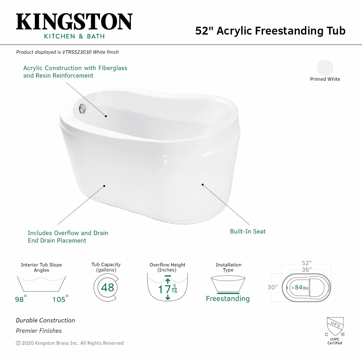 Aqua Eden VTRS523030 52-Inch Acrylic Freestanding Tub With Drain And Integrated Seat, White - Image 3