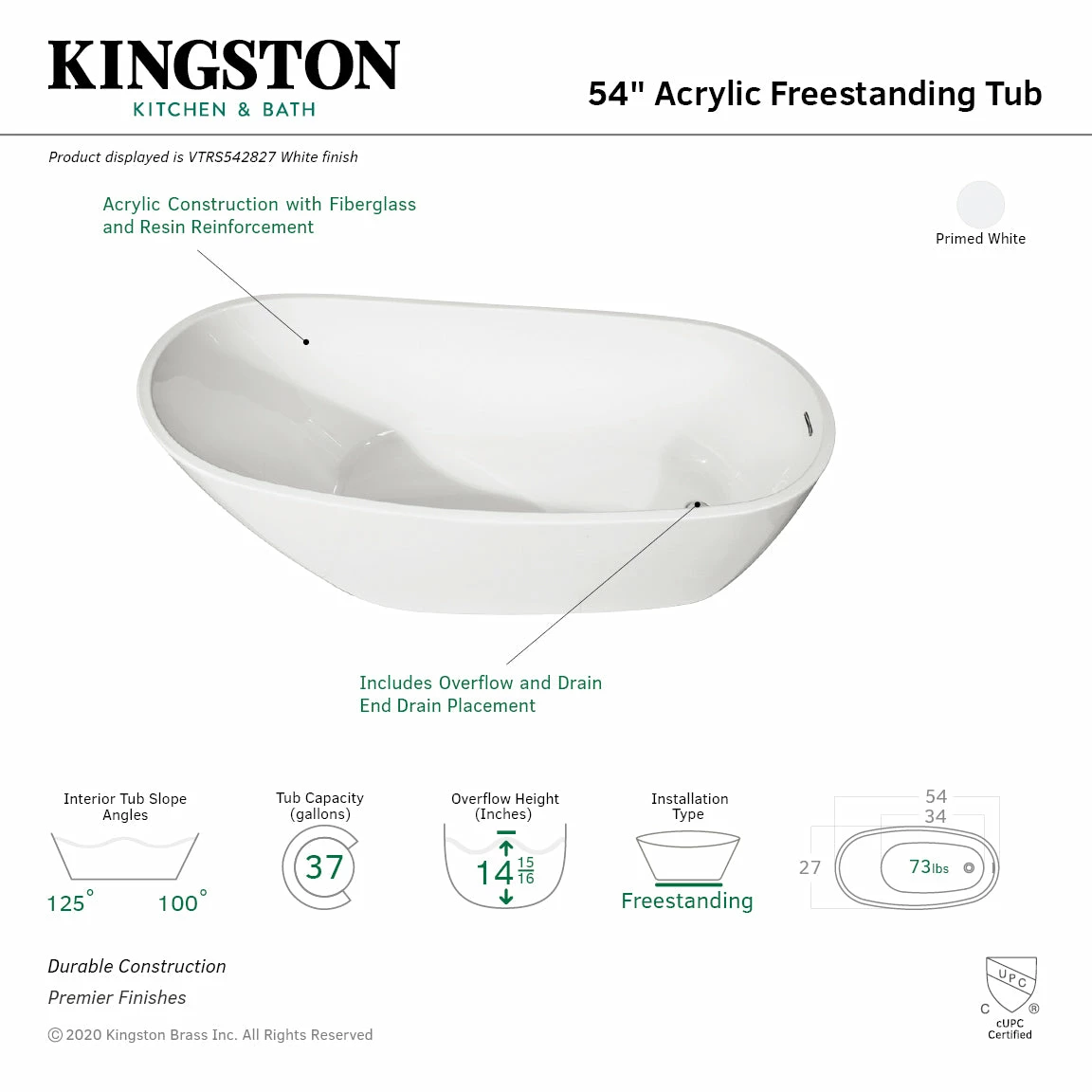 Aqua Eden VTRS542827 54-Inch Acrylic Single Slipper Freestanding Tub With Drain, White - Image 2
