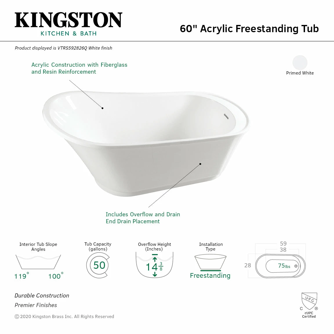 Freesia VTRS592826Q 59-Inch Acrylic Single Slipper Freestanding Tub With Drain, White - Image 2