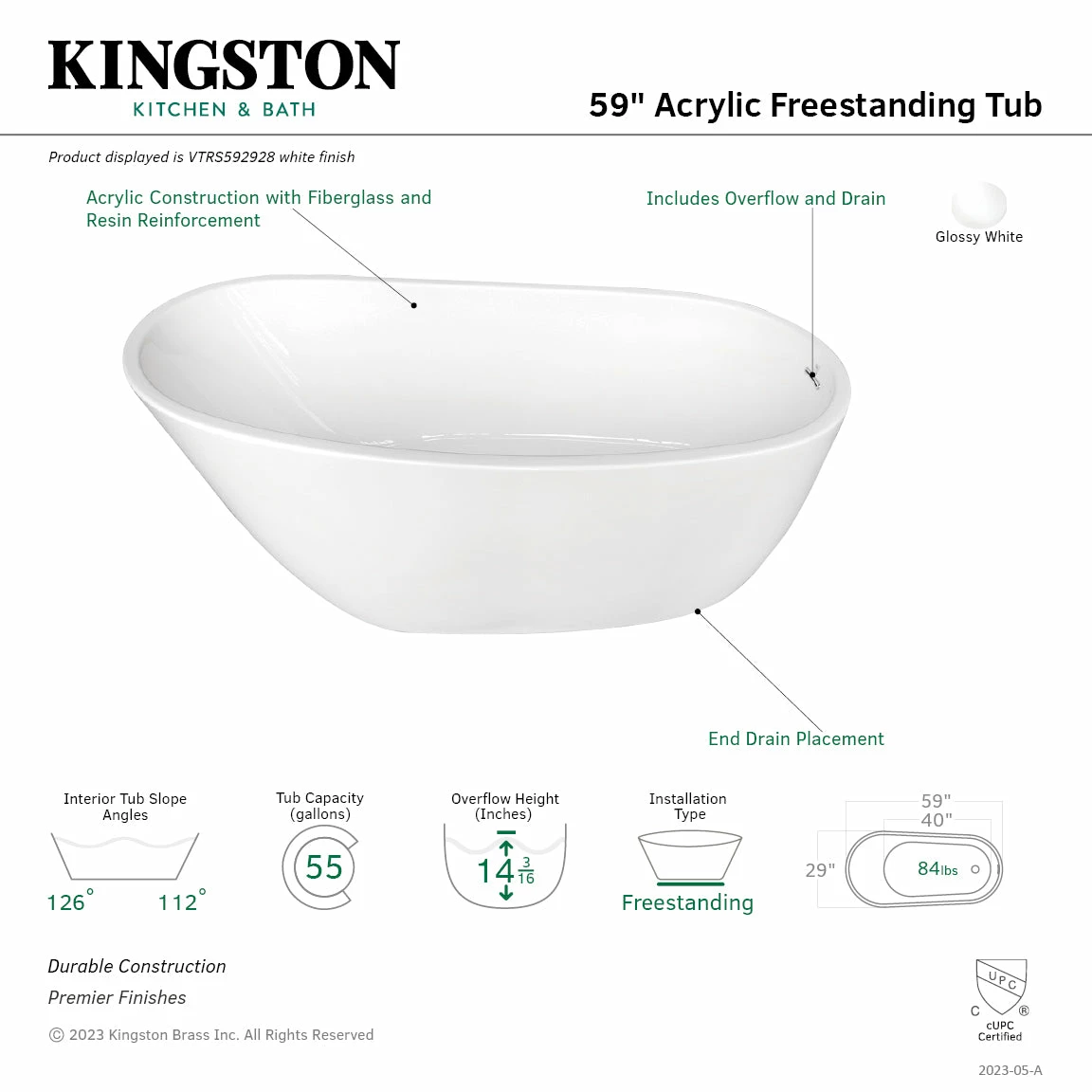 Aqua Eden VTRS592928 59-Inch Acrylic Single Slipper Freestanding Tub With Drain, White - Image 13