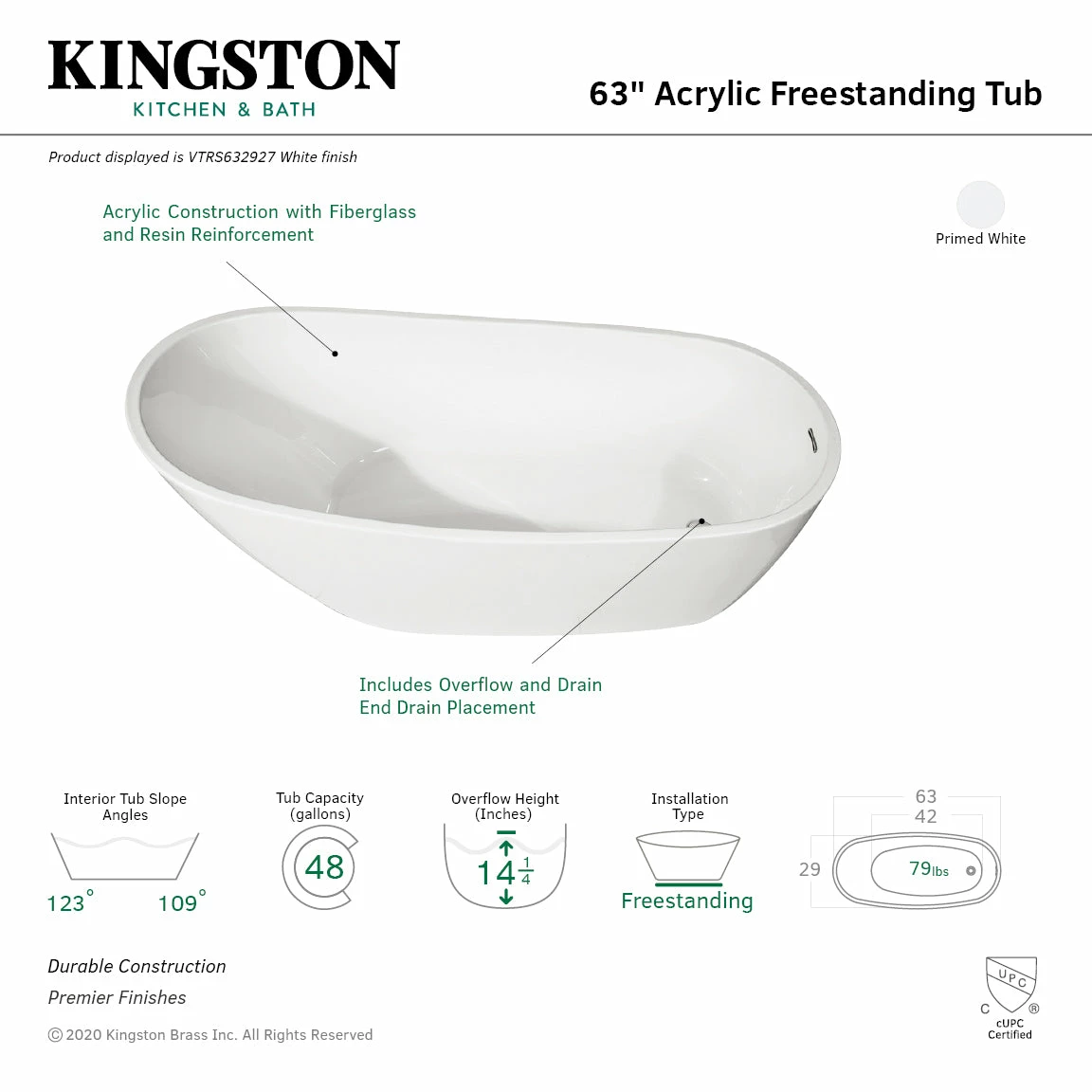Aqua Eden VTRS632927 63-Inch Acrylic Single Slipper Freestanding Tub With Drain, White - Image 2