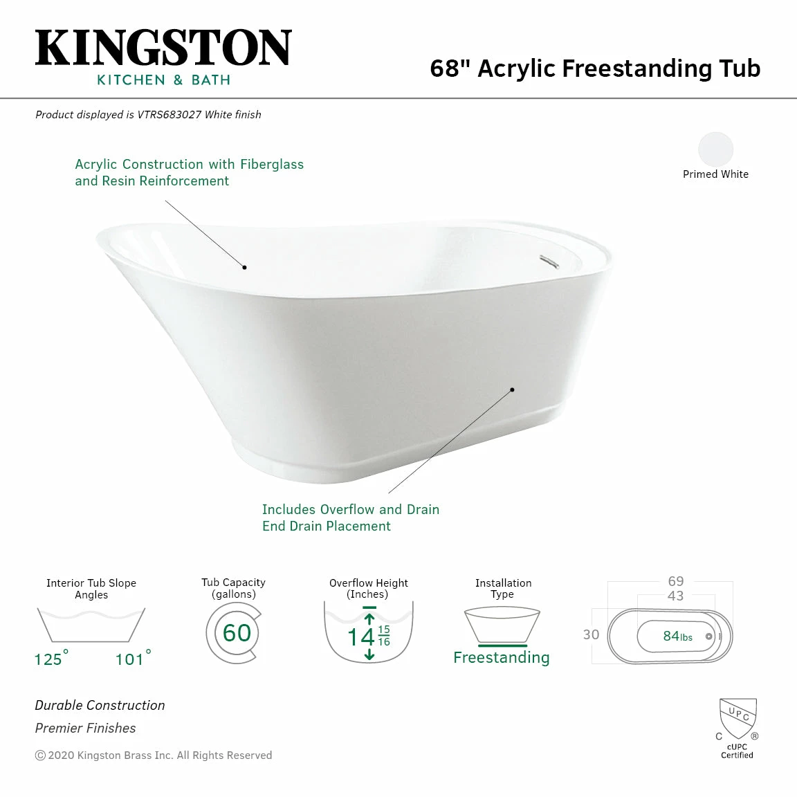Begonia VTRS683027 69-Inch Acrylic Single Slipper Freestanding Tub With Drain, White - Image 2