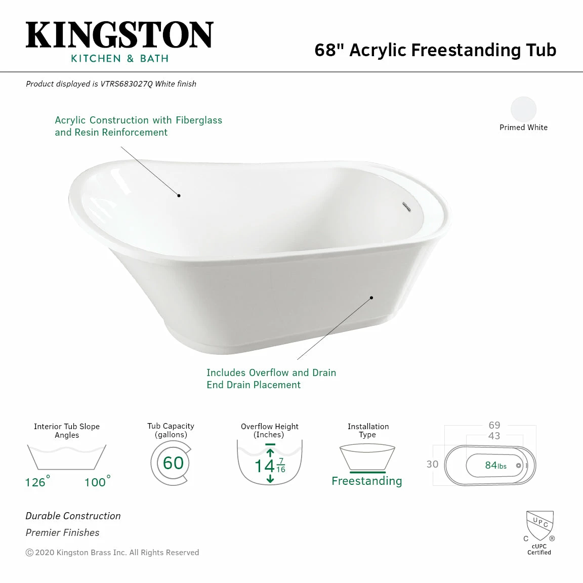 Freesia VTRS683027Q 69-Inch Acrylic Single Slipper Freestanding Tub With Drain, White - Image 2