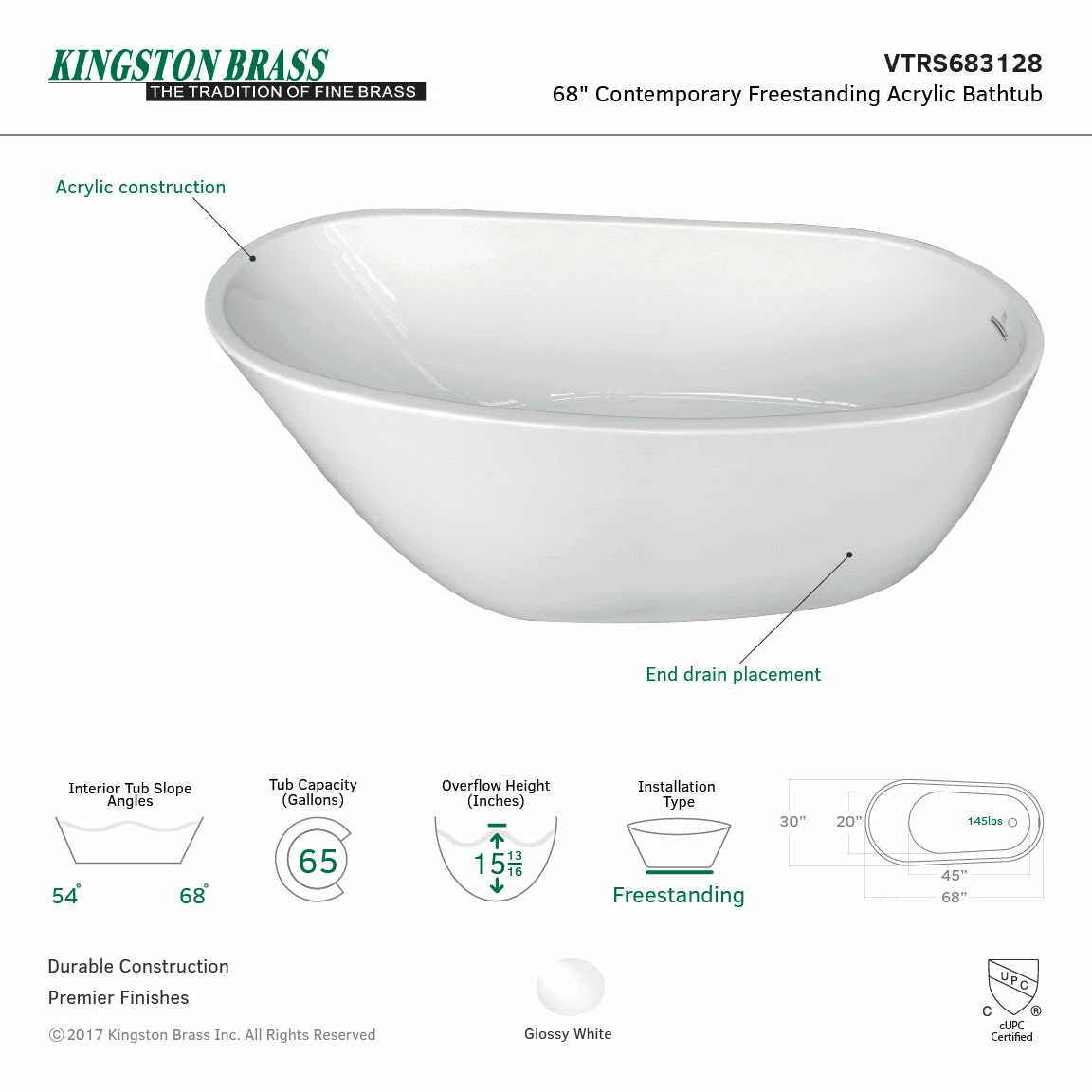 Aqua Eden VTRS683128 68-Inch Acrylic Single Slipper Freestanding Tub With Drain, White - Image 10