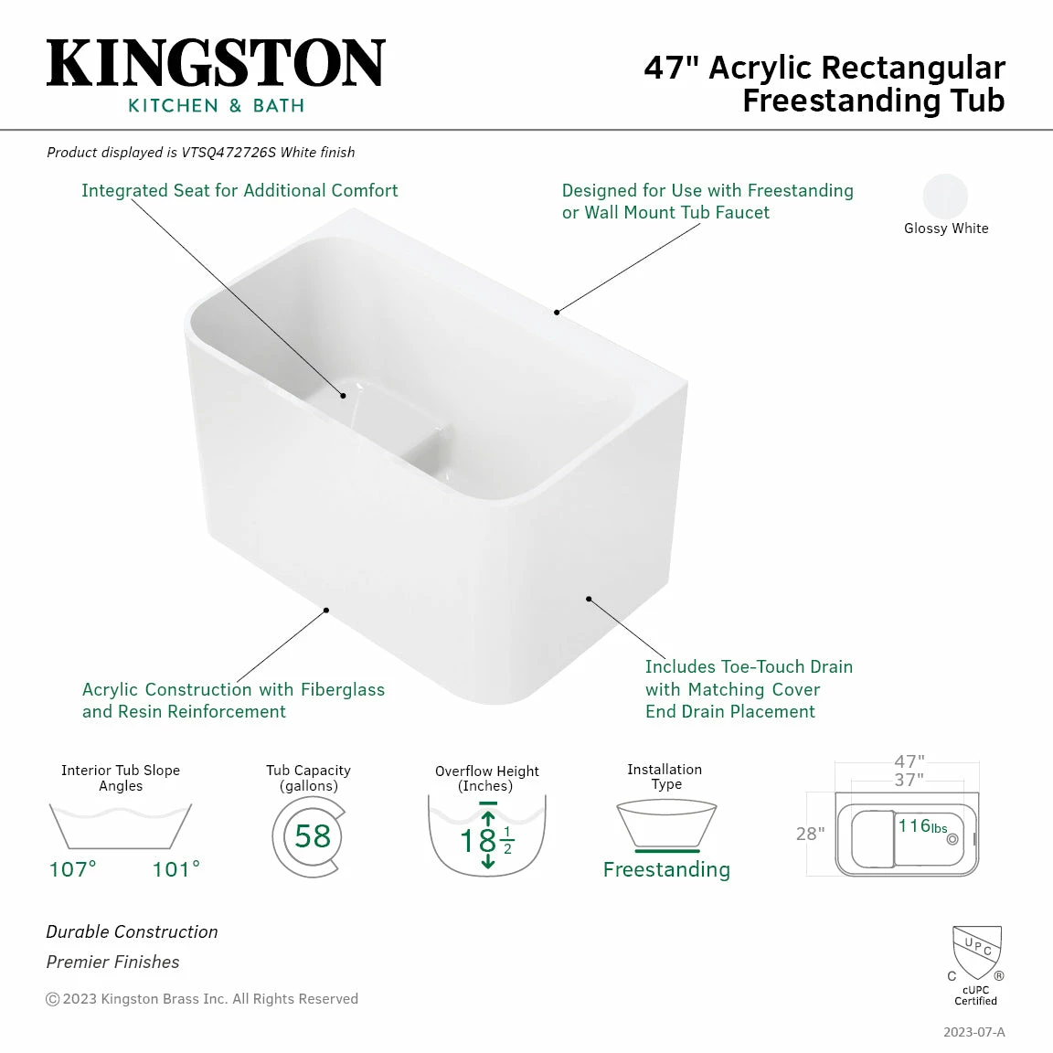 Aqua Eden VTSQ472726S 47-Inch Rectangular Acrylic Freestanding Tub With Drain And Integrated Seat, Glossy White - Image 2