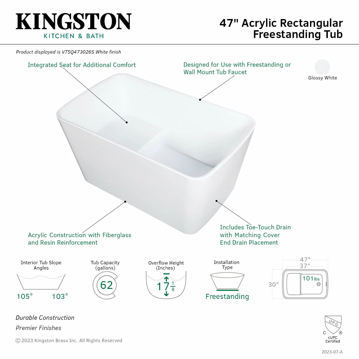 Aqua Eden VTSQ473026S 47-Inch Acrylic Freestanding Tub With Drain And Integrated Seat (No Faucet Drillings), Glossy White - Image 2