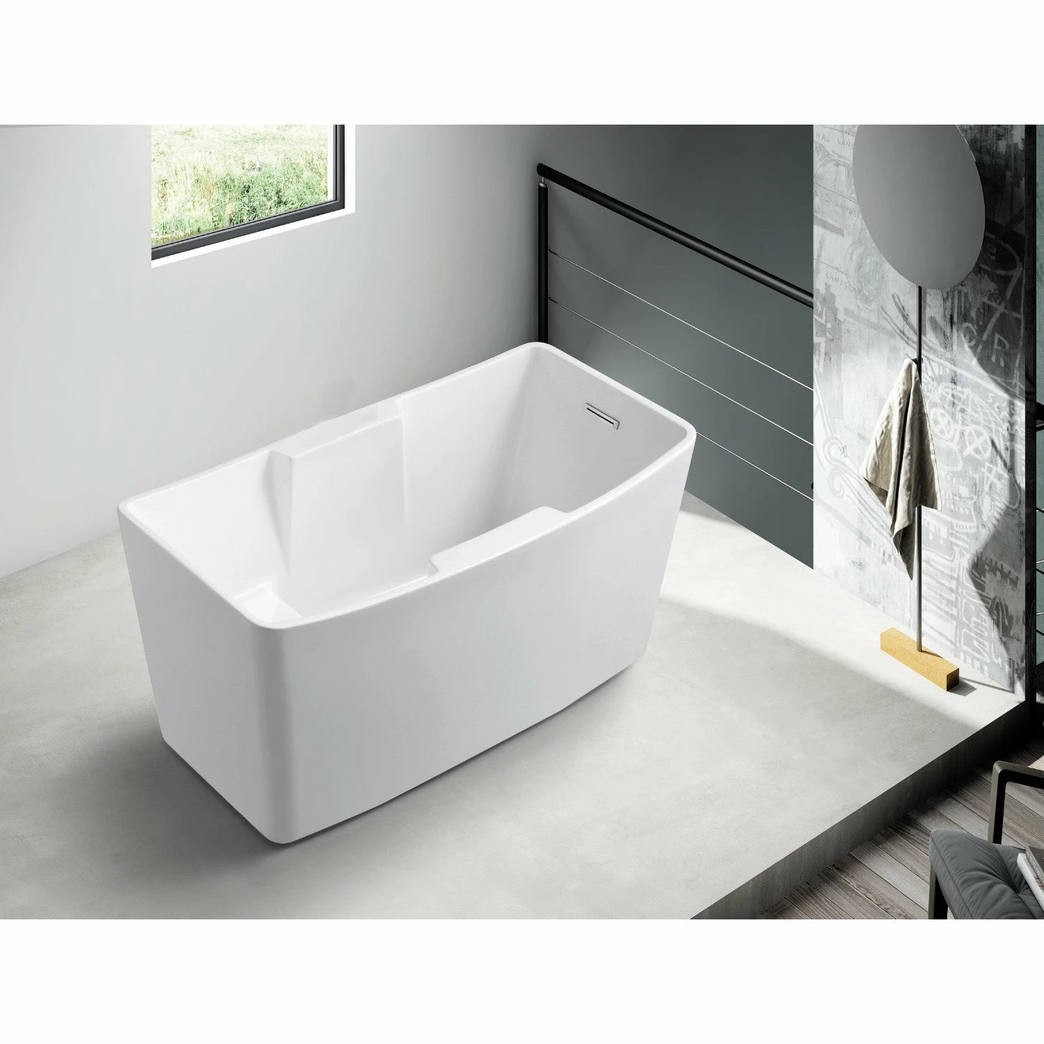 Aqua Eden VTSQ512827S 51-Inch Acrylic Rectangular Freestanding Tub With Drain And Integrated Seat, Glossy White