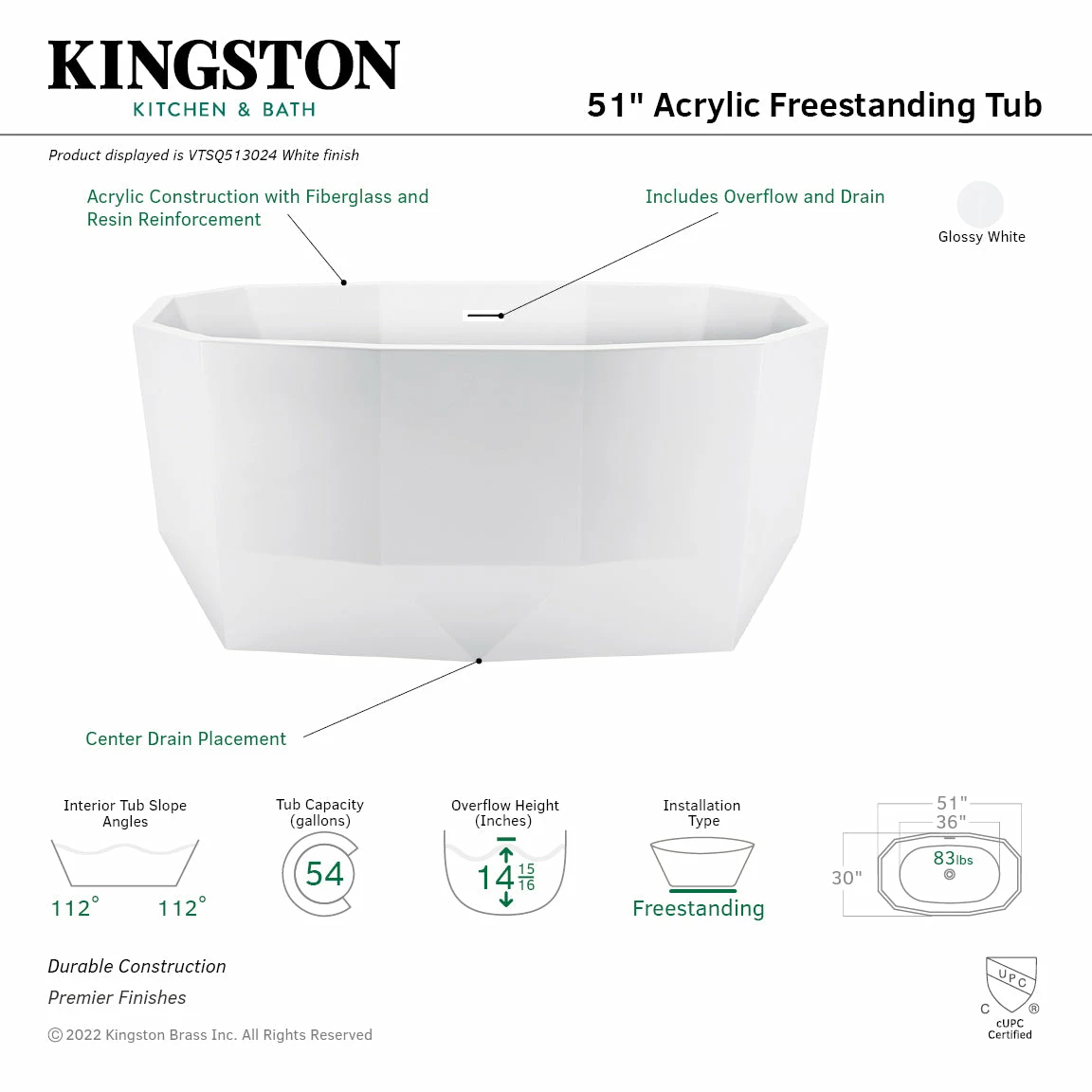Aqua Eden VTSQ513024 51-Inch Acrylic Freestanding Tub With Drain, Glossy White - Image 3