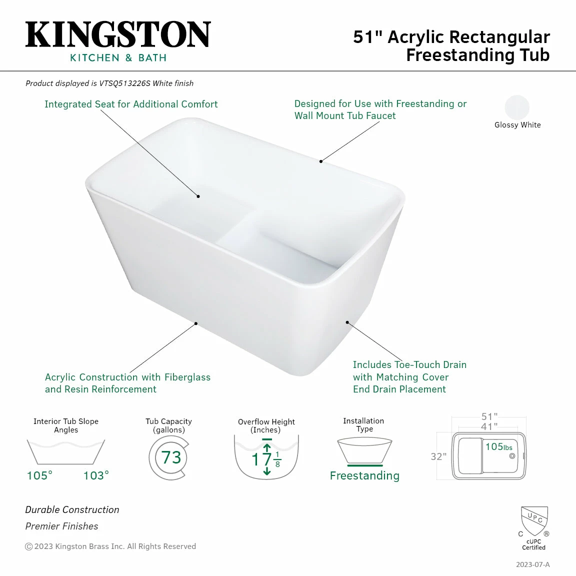 Aqua Eden VTSQ513226S 51-Inch Acrylic Freestanding Tub With Drain And Integrated Seat (No Faucet Drillings), Glossy White - Image 2