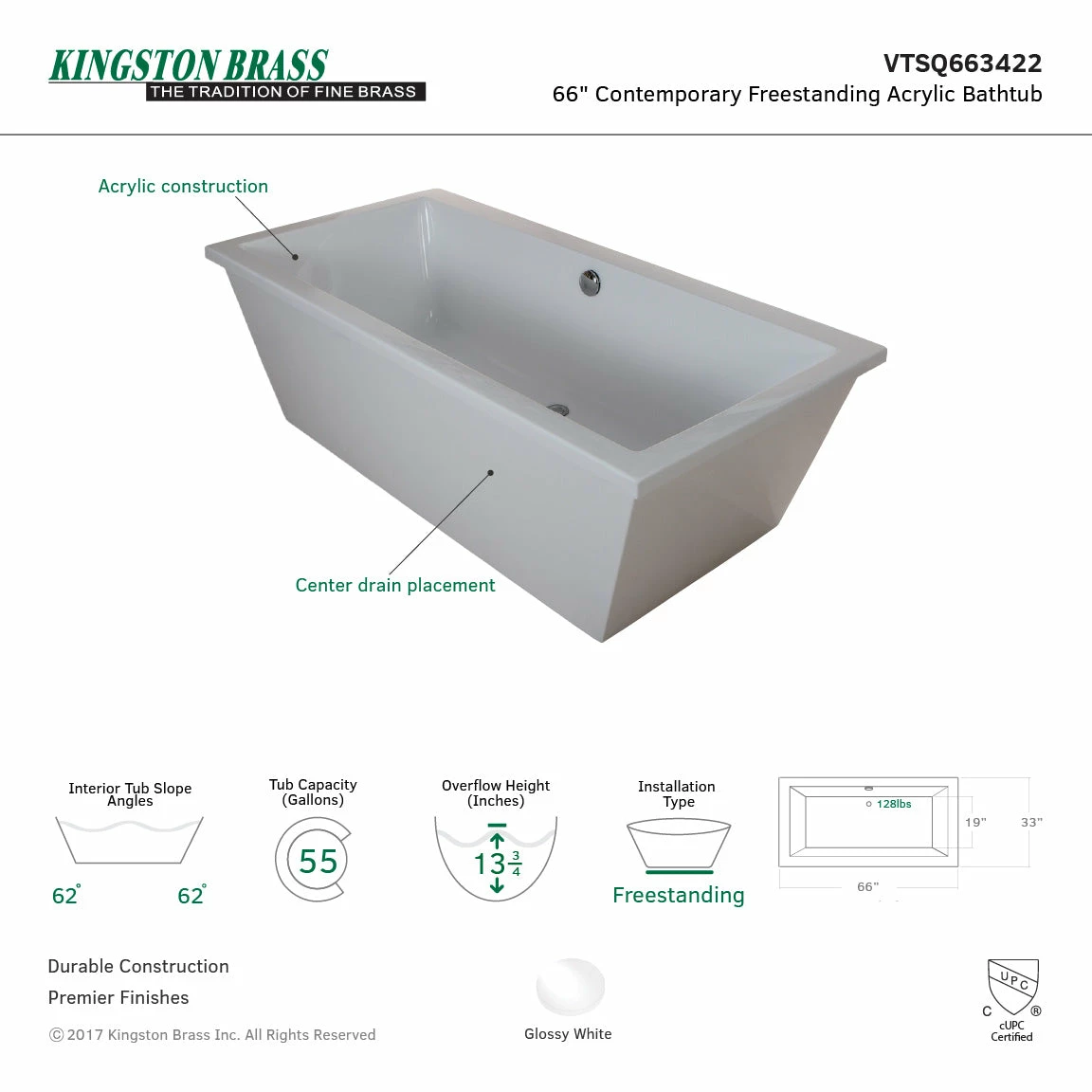 Aqua Eden VTSQ663422 66-Inch Acrylic Double Ended Freestanding Tub With Drain, White - Image 16