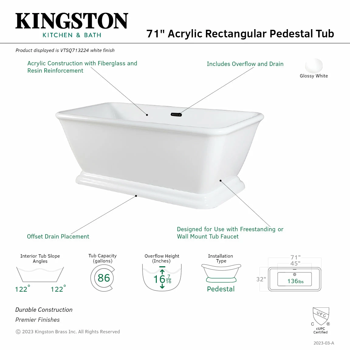 Aqua Eden VTSQ713224 71-Inch Acrylic Rectangular Pedestal Bathtub With Drain, Glossy White - Image 7
