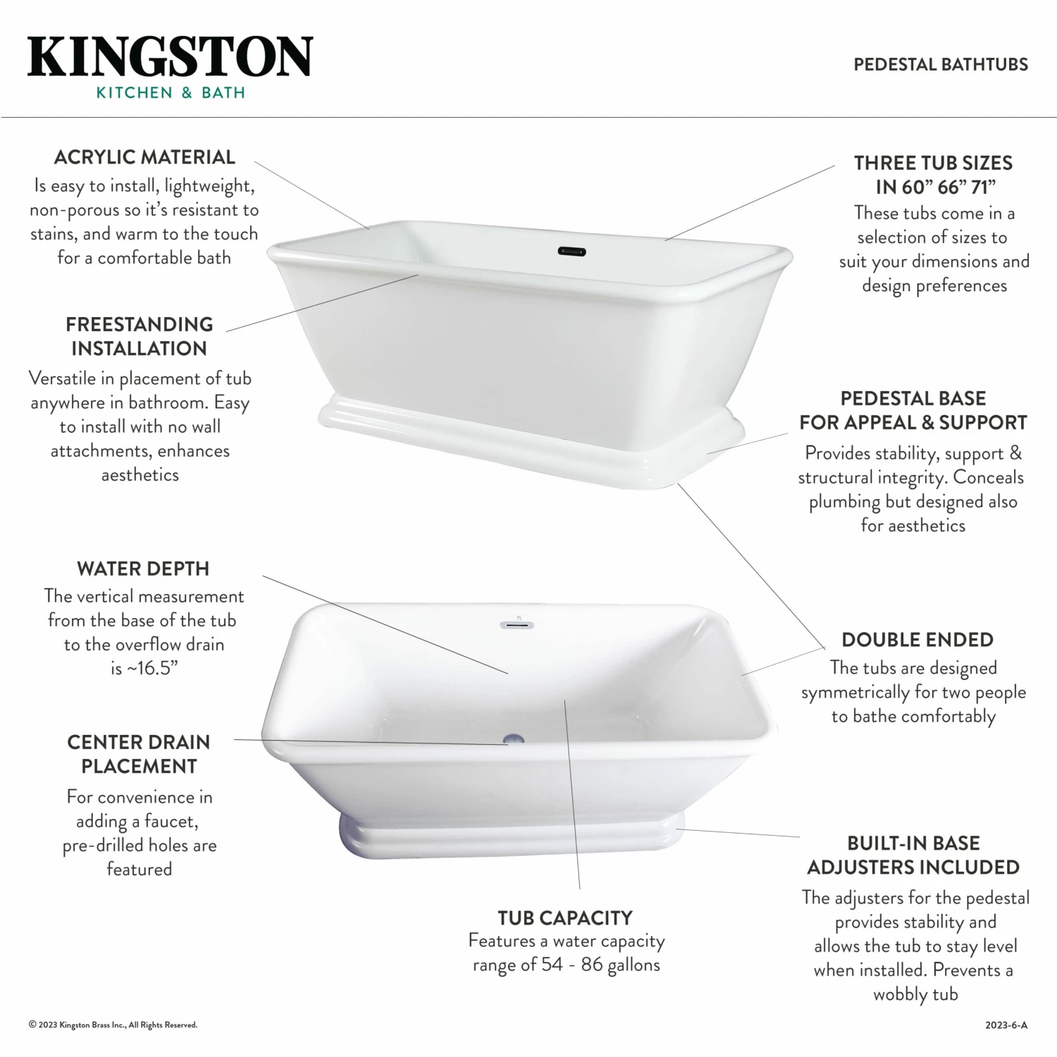 Aqua Eden VTSQ713224 71-Inch Acrylic Rectangular Pedestal Bathtub With Drain, Glossy White - Image 6