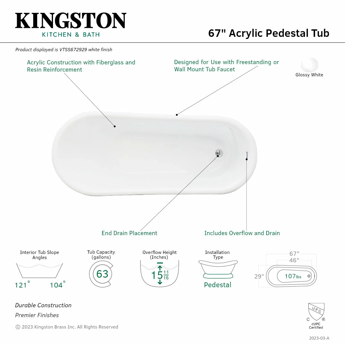 Aqua Eden VTSS672929 67-Inch Acrylic Single Slipper Pedestal Bathtub With Drain, Glossy White - Image 6