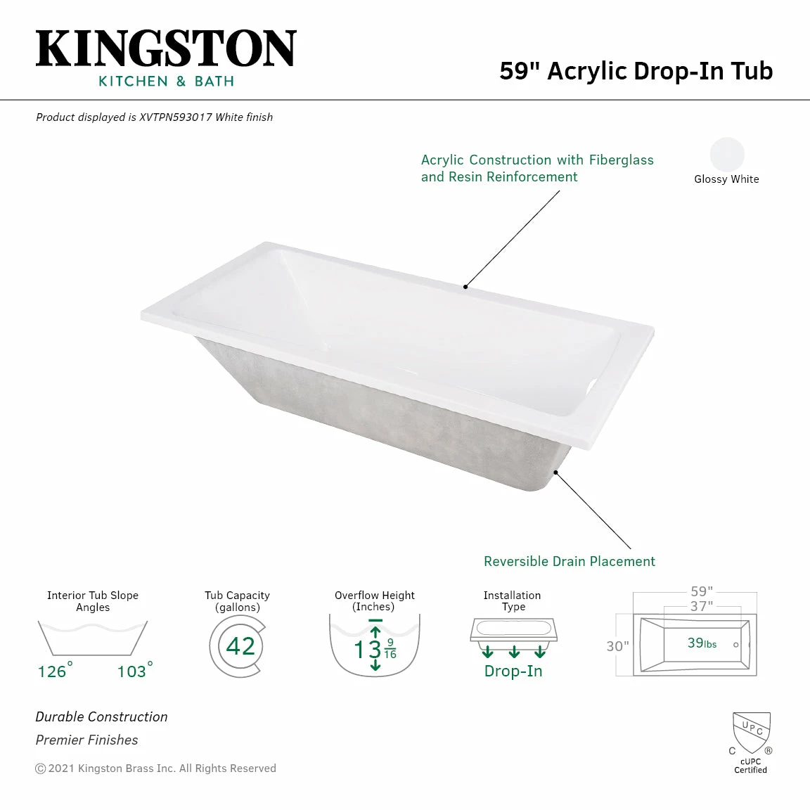 Aqua Eden XVTPN593017 59-Inch Acrylic Rectangular Drop-In Tub With Reversible Drain Hole, White - Image 5