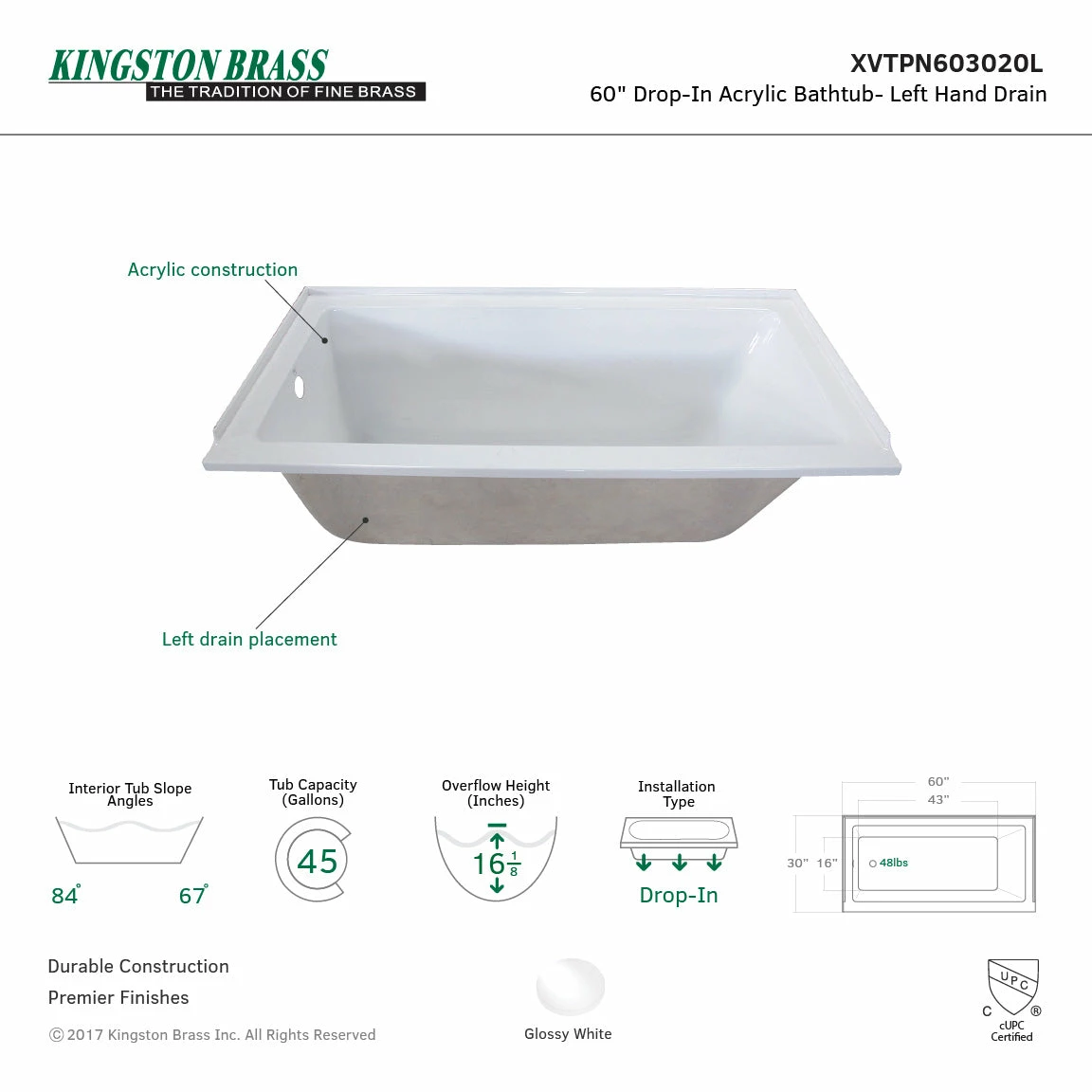 Aqua Eden XVTPN603020L 60-Inch Acrylic Rectangular Drop-In Tub With Left Hand Drain, White - Image 3