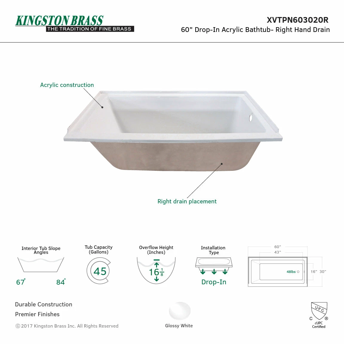 Aqua Eden XVTPN603020R 60-Inch Acrylic Rectangular Drop-In Tub With Right Hand Drain, White - Image 3