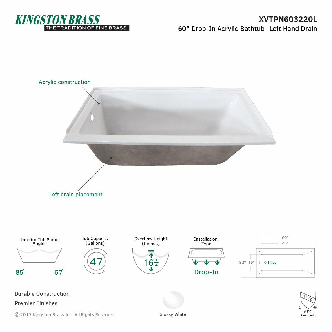 Aqua Eden XVTPN603220L 60-Inch Acrylic Rectangular Drop-In Tub With Left Hand Drain, White - Image 3