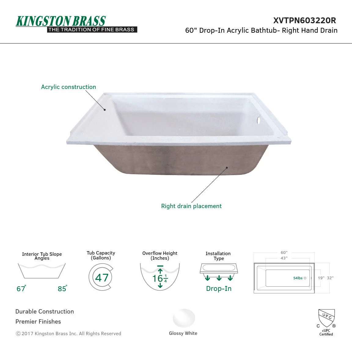 Aqua Eden XVTPN603220R 60-Inch Acrylic Rectangular Drop-In Tub With Right Hand Drain, White - Image 3